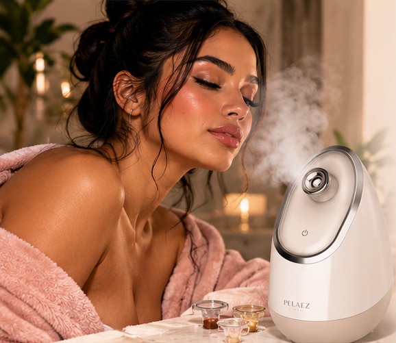 Woman in a pink robe relaxing with eyes closed beside the Pelaez AURA facial steamer